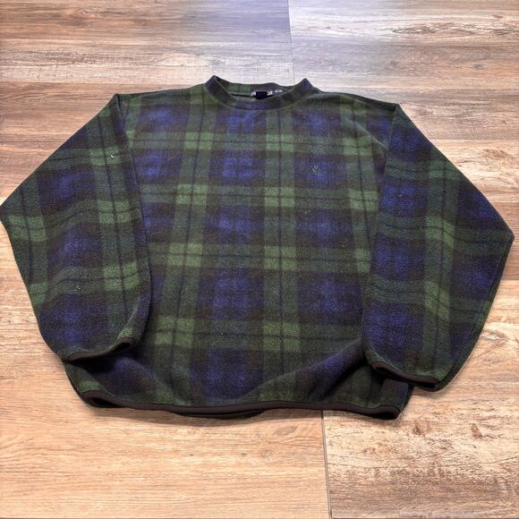 Vintage Nautica Green &Blue Mens XL Tartan Plaid Fleece Crewneck Sweatshirt 90s - Picture 1 of 9